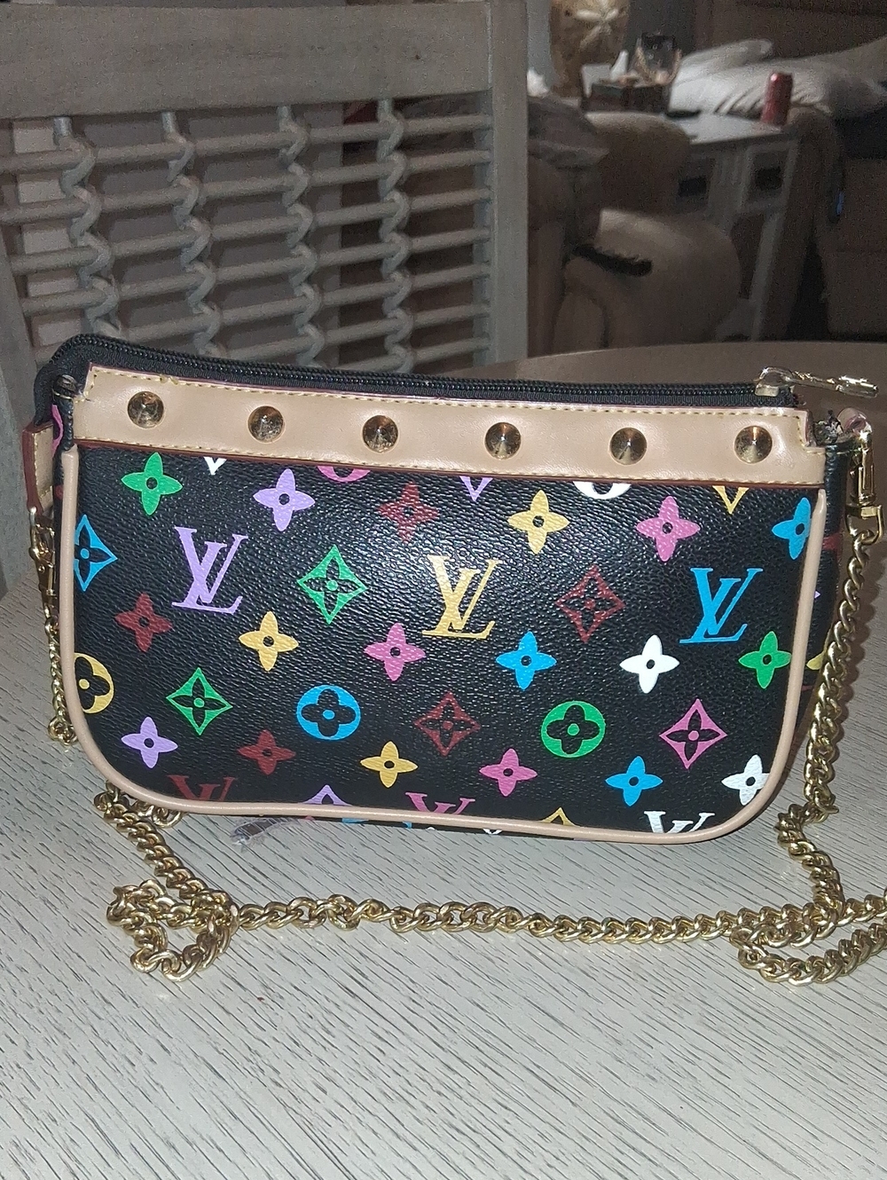 Black Multicolor Monogram Mini Bag with Gold Chain